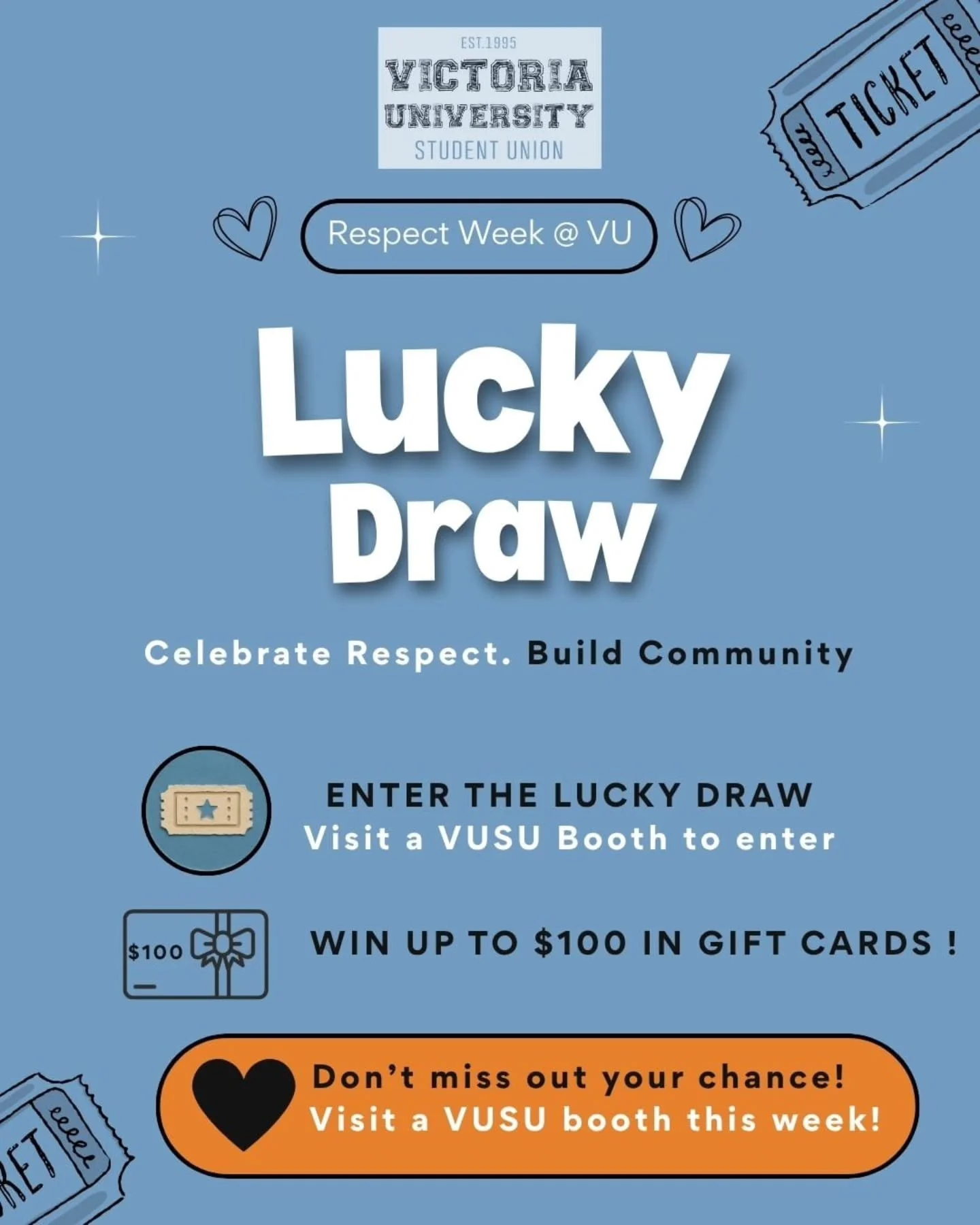 Respect Week just got better 👀

Drop by a VUSU booth, get involved, and you might just walk away with a $100 gift card 🎟️

#VUSU #VictoriaUniversity #RespectWeek #StudentLife #UniLife