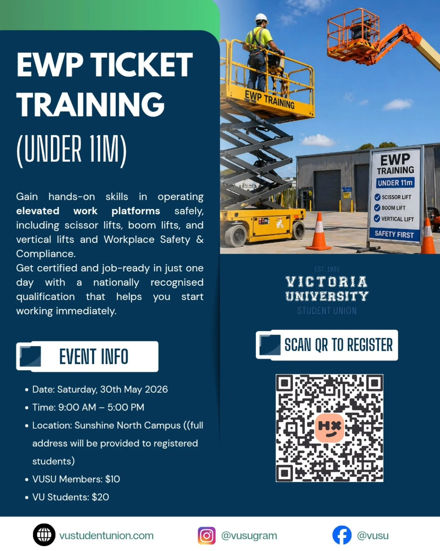 🚧 Ready to level up your skills?

Join our EWP Ticket Training (Under 11m) and gain hands-on experience operating elevated work platforms safely and confidently. From scissor lifts to boom lifts, this nationally recognised training can help you beco