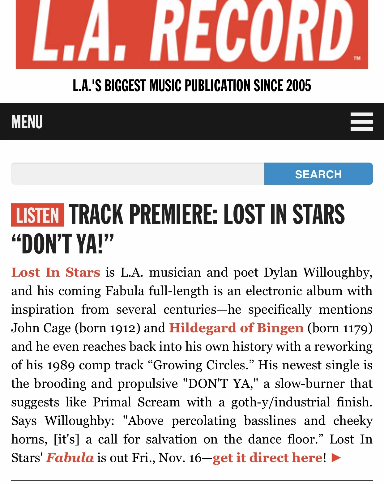 L.A. Record Premieres New Lost In Stars Single