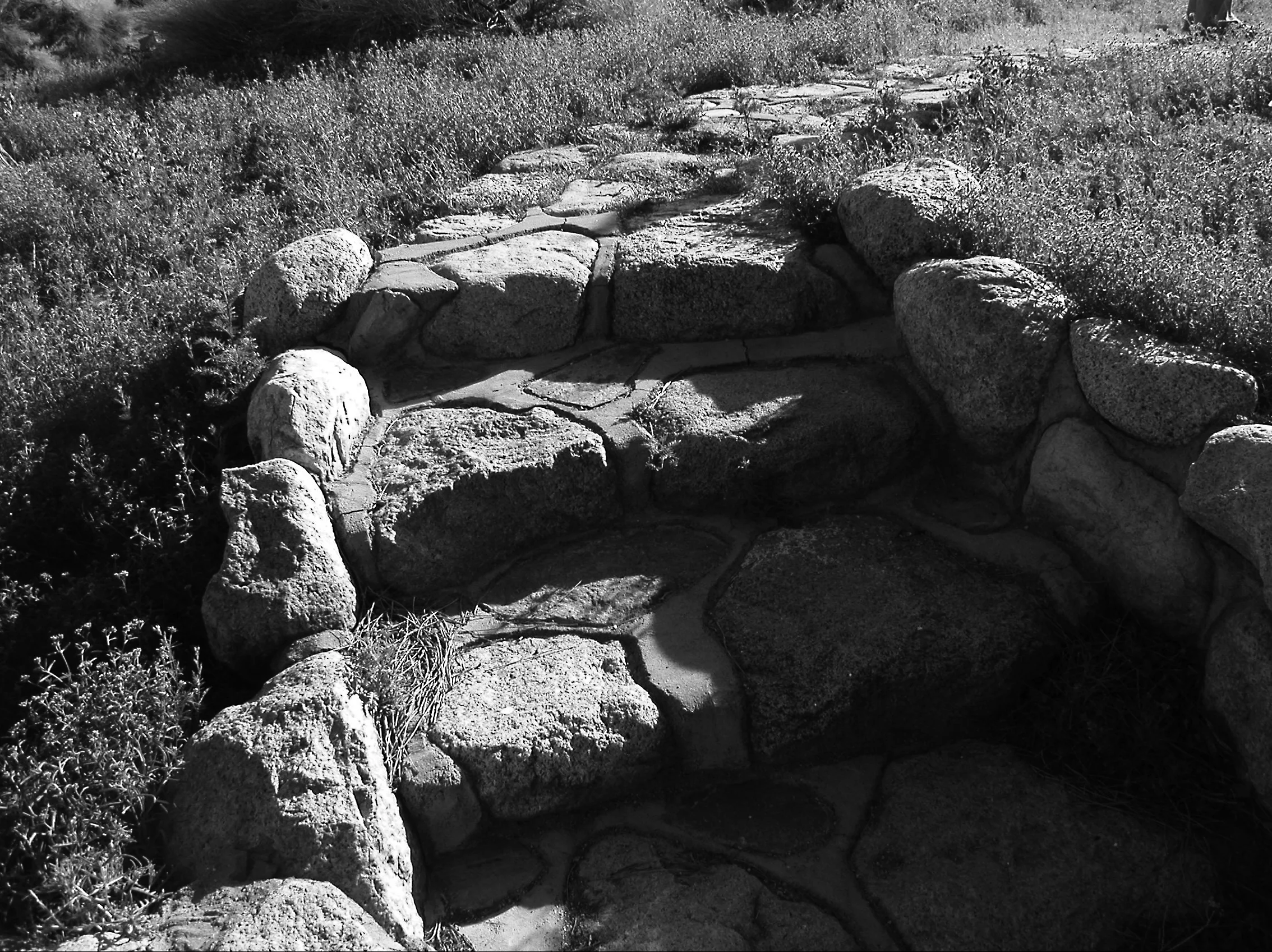 Photograph of the the stone steps that lead into the hospital garden at Manzanar.