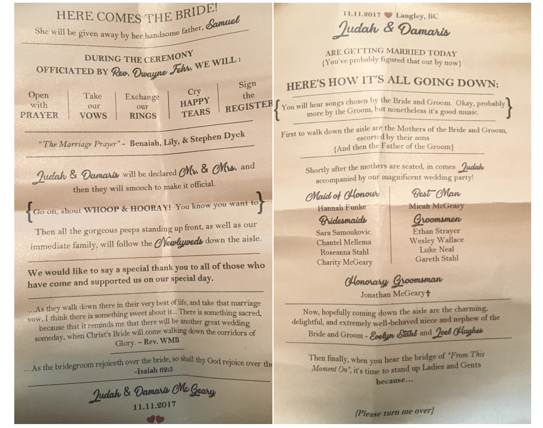 A photo of my crumpled wedding program