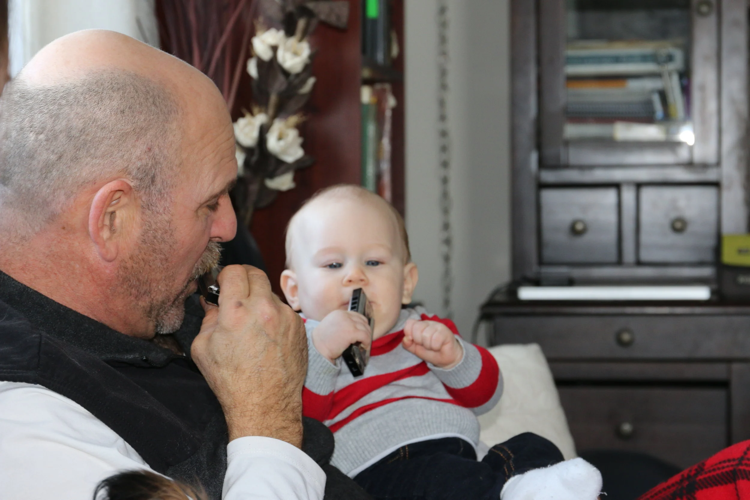 Playing the harmonica - Grandpa's little prodigy 