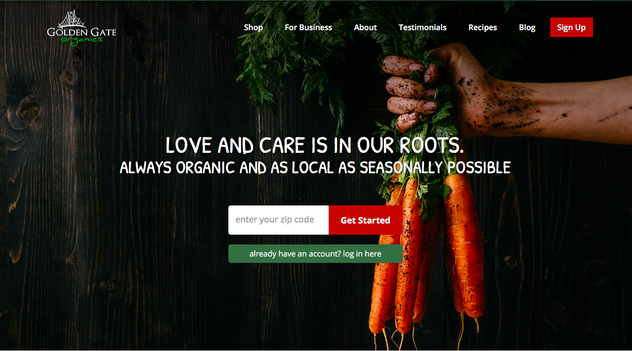 The homepage of Golden Gate Organics.