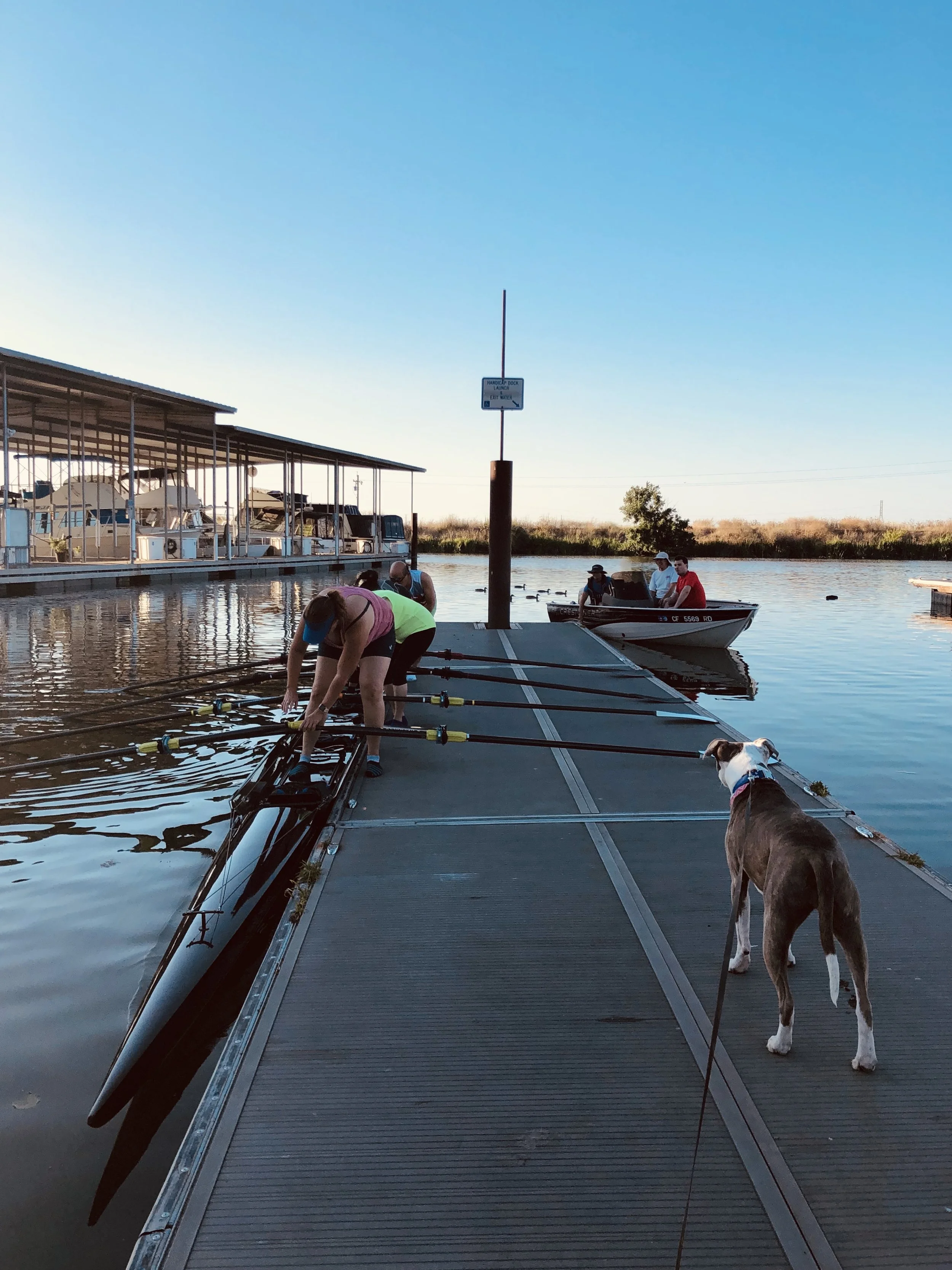 Dulli observing the athletes of Delta Sculling Center as they climb into their brand new quad one evening in July at RiverPoint Landing Marina.