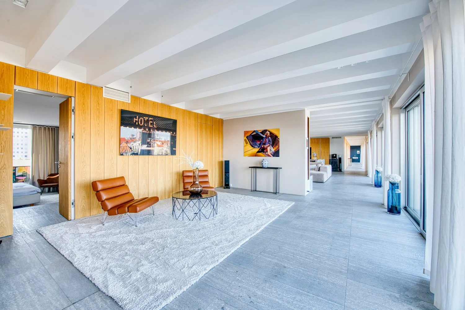 Modern Penthouse Hall with Bright Colors and Contemporary Furniture