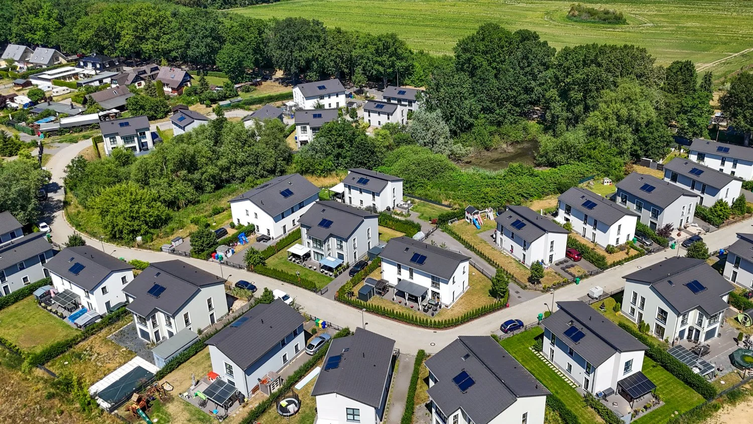 High-Resolution Drone View of Berlin-Area Residential Townhouses