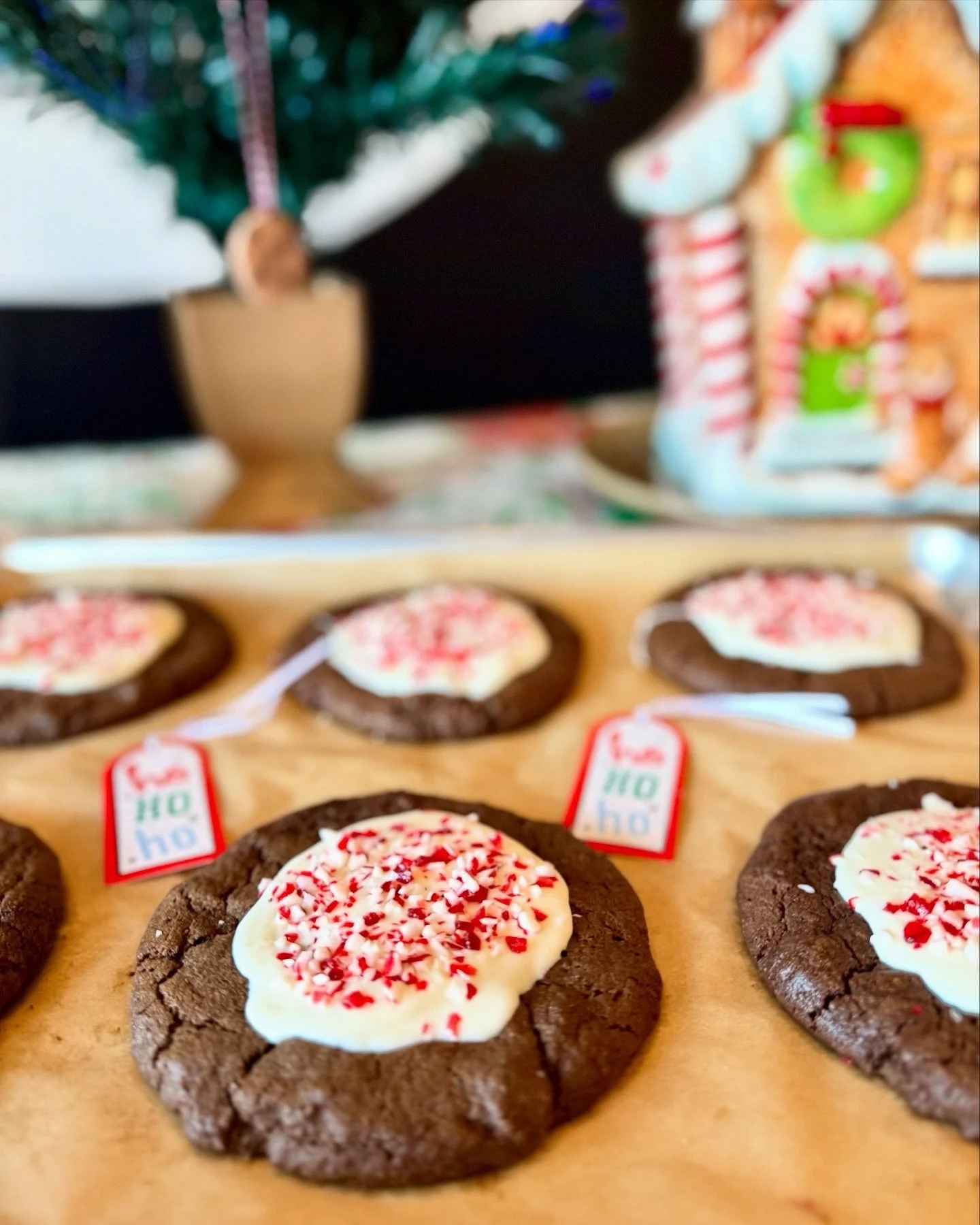 Chocolate peppermint crunch has arrived @raleighfarmersmarket and the cookie shop and they are DIVINE.  A melted white chocolate and crushed candy cane topping perfectly complete a soft and chewy chocolate base.  Santa may insist on some of these😋