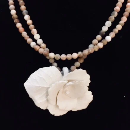 flower with leaf on double Sunstone bead necklace / lg.sterling lobster claw clasp