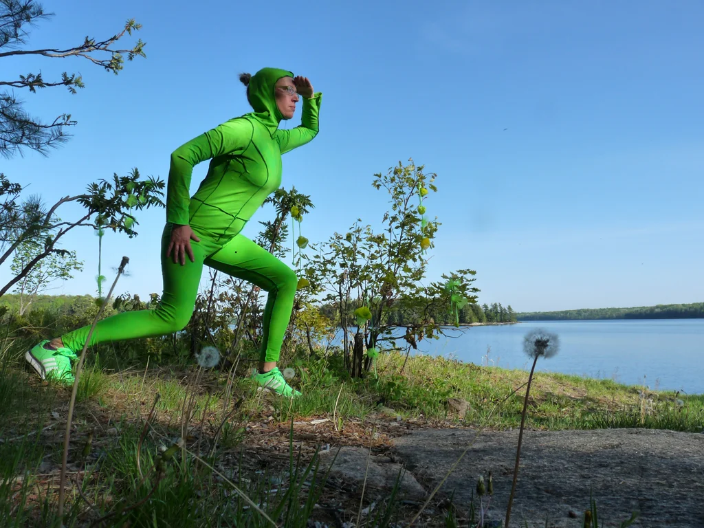 Adorning herself with lymph nodes and galavanting through reams of billowing green fabric, the Lymph Nymph is an ethereal, elegant and magical performance of a nymph superhero. Surrounded by nature sounds of crickets, birds, wind and water, the Lymph Nymph moves nimbly through a series of actions and choreography. A lymph node is part of the endocrine system. There are hundreds of small nodes found in specific locations of the human body such as the neck, the arm pit and the groin. Lymph nodes work as part of the cleansing and drainage system of the blood as well as the site of production for white blood cells, the body’s defence system. This system does not have pump: it relies on the movement of the body to transport the fluid. A nymph has two definitions. First, it is a character of Greek mythology, most often a forest-living female deity. The second definition of a nymph is a larvae form of an invertebrate animal such as an insect. The Lymph Nymph presented at PROCESS space in July 2015 was a 13 minute performative action divided into 3 segments. Strings of lymph nodes made from tulle and silk are applied to a one of a kind green body suit. A hand dyed, brilliant green parachute is teased out of a customised bag and played under, creating moving sculpture. The parachute, representing the flow of lymph, is worn by the Lymph Nymph like a cape as she prances regally about the space. The entire performance magically squeezes back into a small vinyl bag as if nothing had transpired. This project was supported by a grant from the City of Ottawa Arts Funding. 