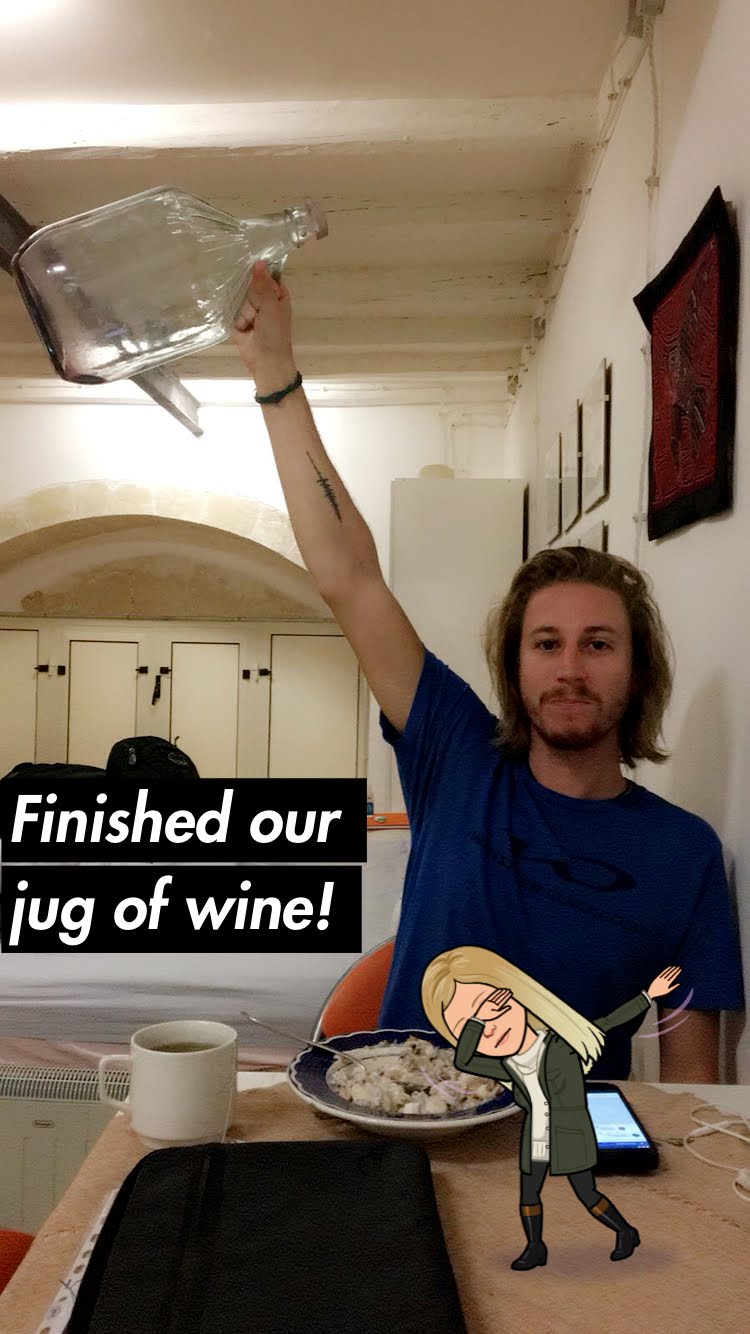 Victorious after finishing our jug of wine from Antonio!