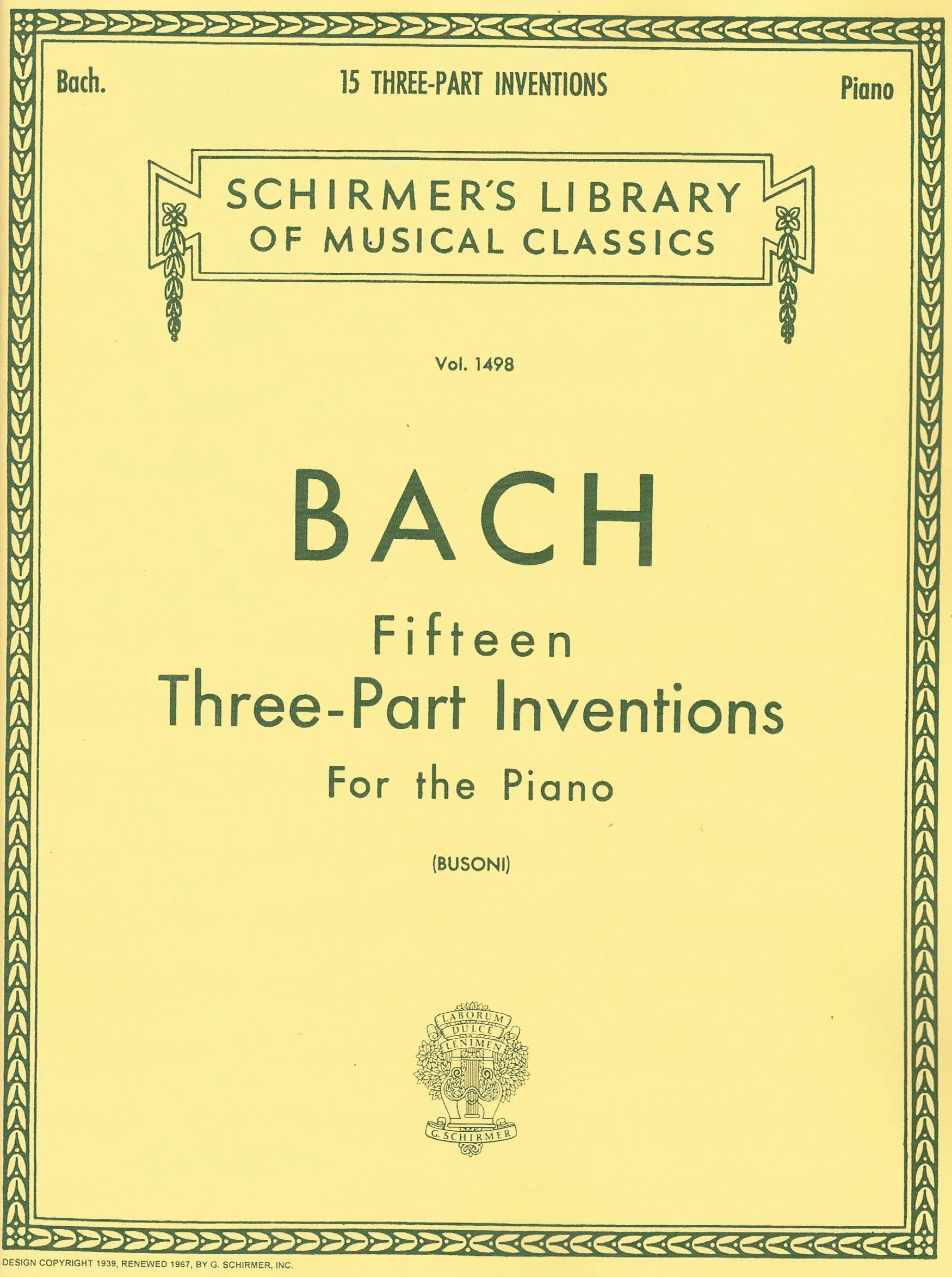 Bach, 15 THREE-PART INVENTIONS Schirmer Library of Classics Volume 1498 HL 50259680