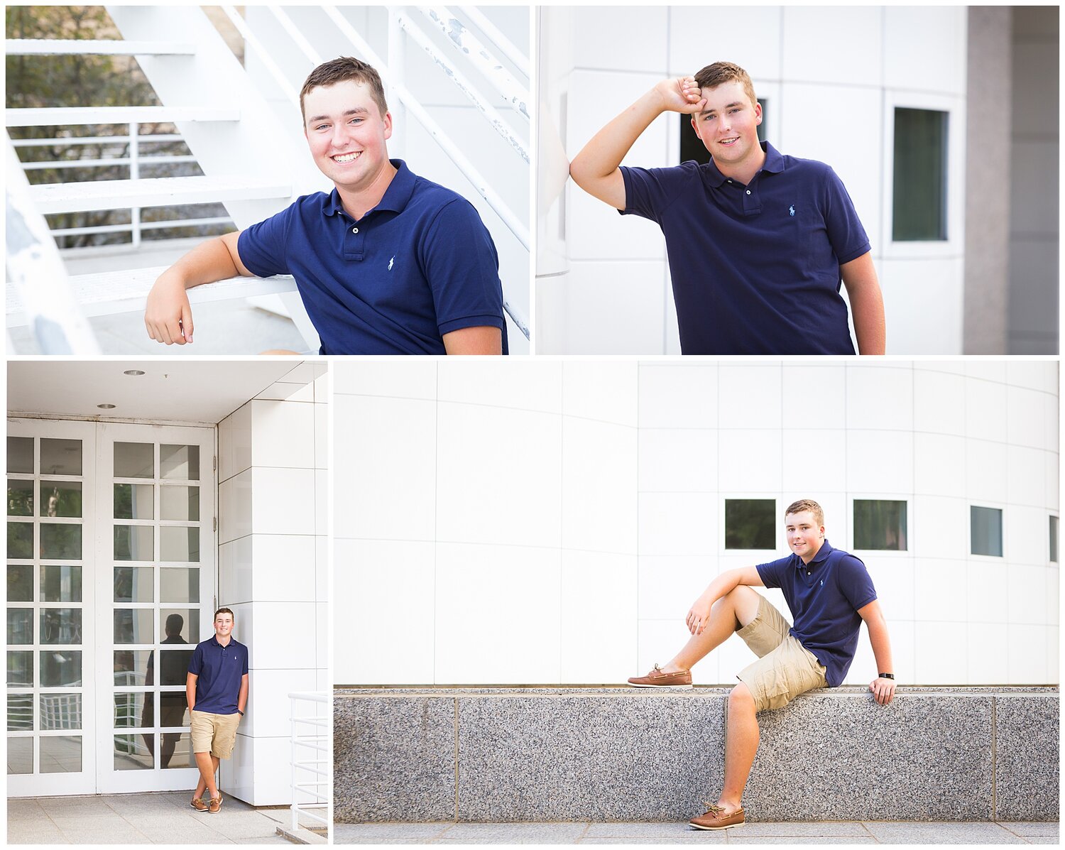 Senior boy in navy blue polo shirt and khaki shorts