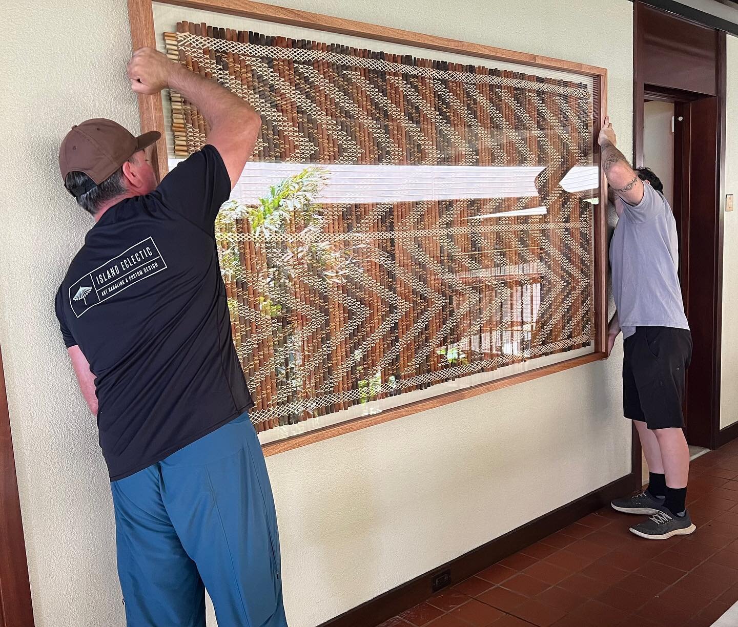 Māori Tukutuku panels repaired and back on display in handcrafted frames built by @wilkinsonwoodworkshawaii They are part of the original @maunakeahotel collection that we are conserving. #arthandlinghawaii #artinstallationhawaii #interiordesignhawai