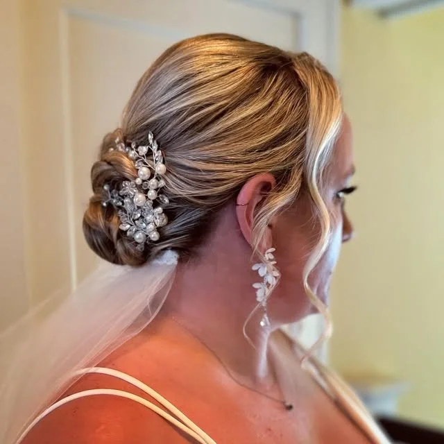 Bridal updo with pearl hairpiece styled by Jennifer Medeiros of Hair by Jenn