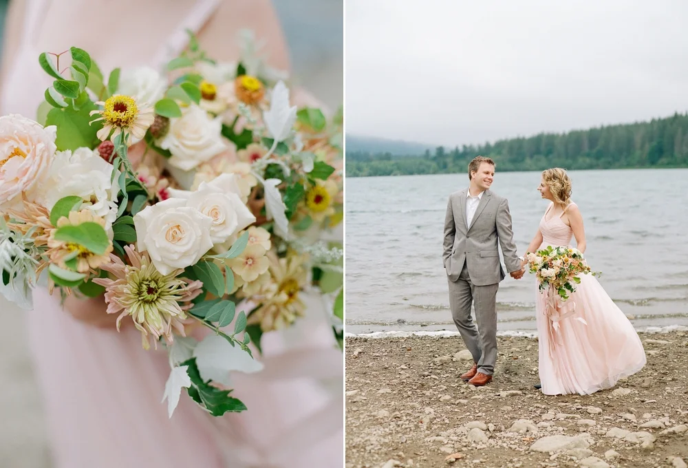 white pink yellow and green bouquet and couple strolling alongside rattlesnake lake