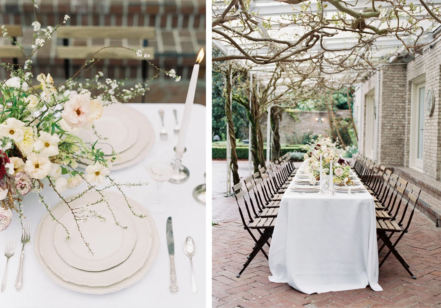 white flowers with woody vines hanging over white plates and a long table under a grape vine pergola