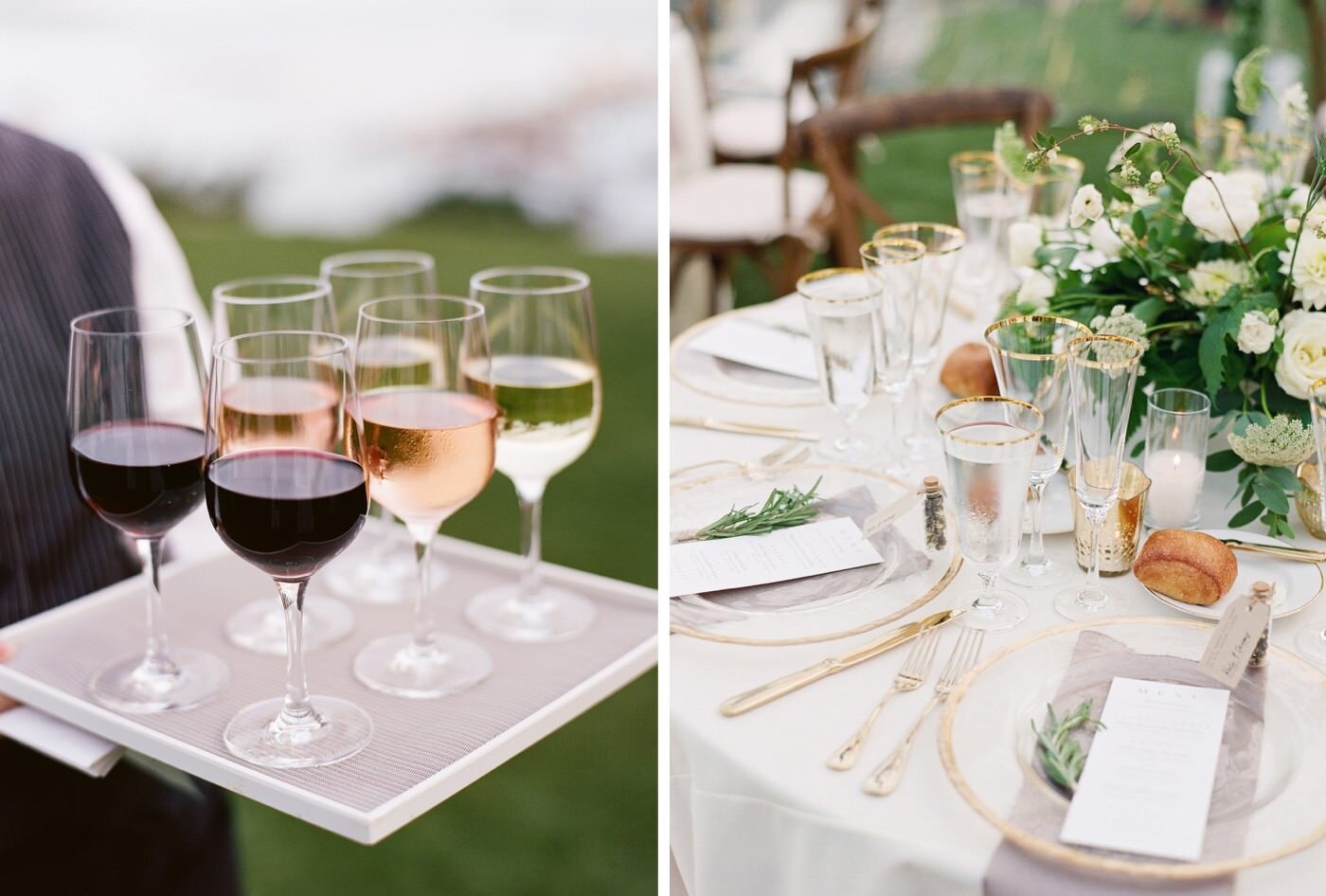 Drinks and table settings at a classic Admiral's House wedding on the Seattle Waterfront