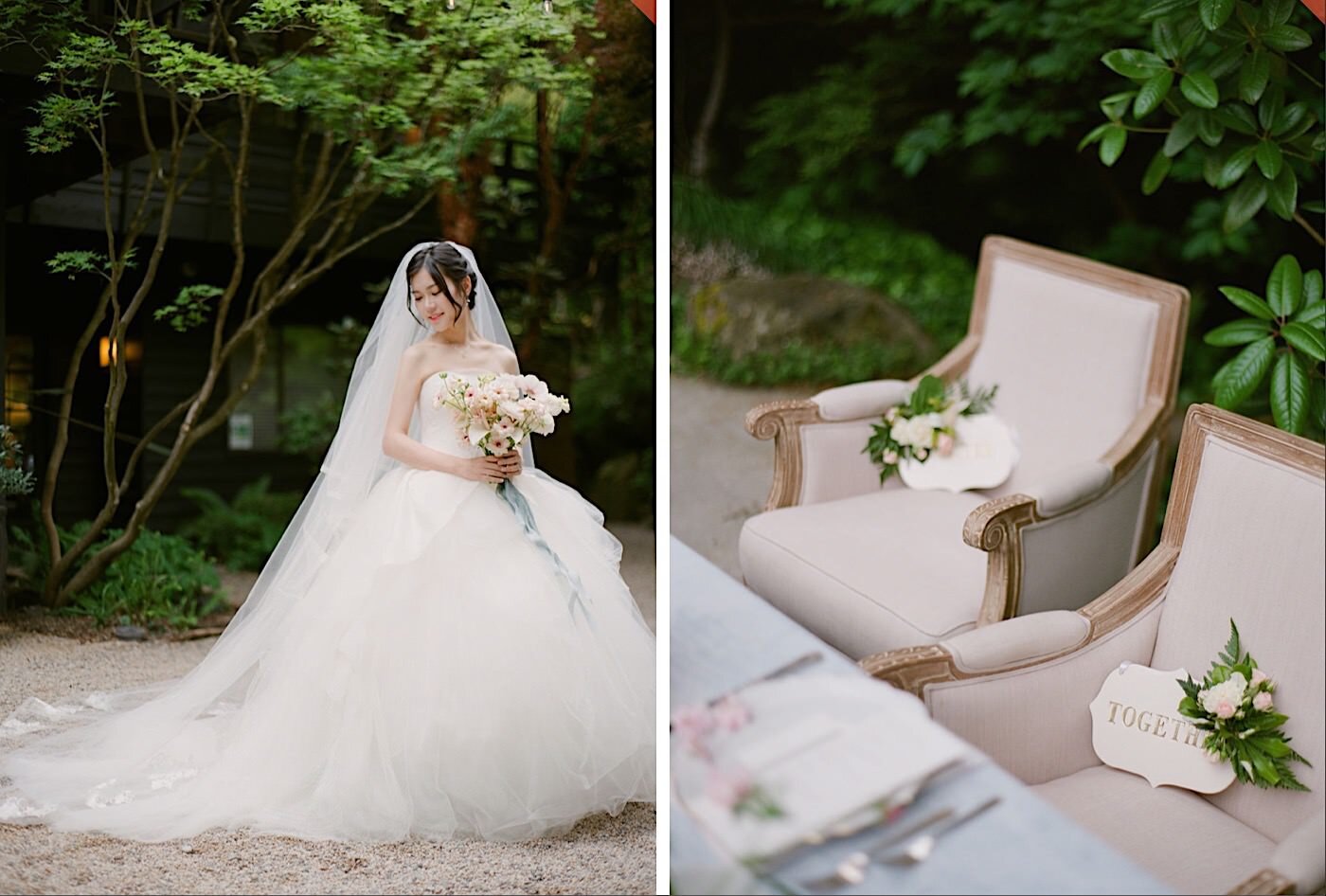 Romantic bridal portrait and soft seating arrangement in Woodinville, WA