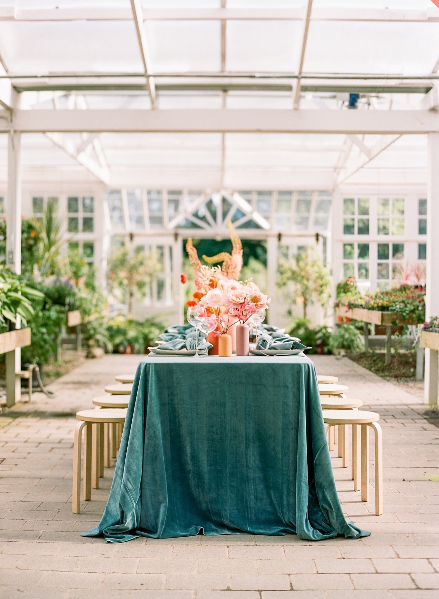 Colorful wedding reception table from Seattle Wedding Florist Gather Design Company