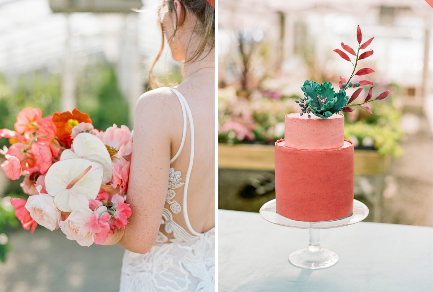 Pink, coral, and blush florals at a modern Greenhouse wedding