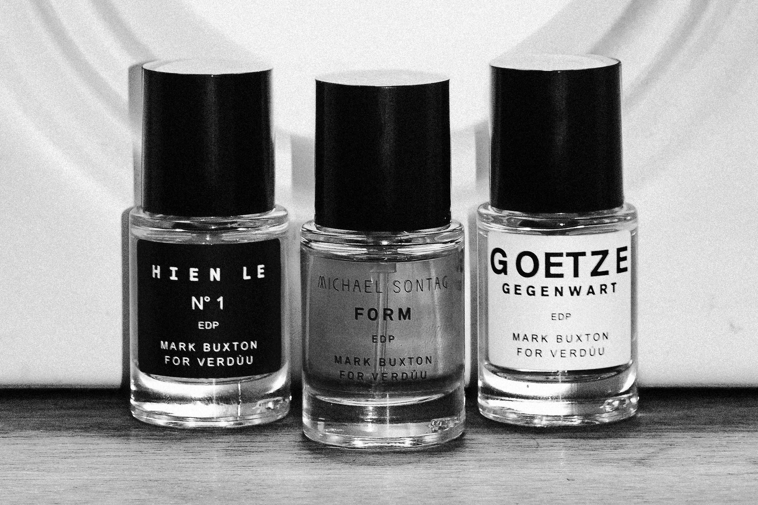 Verdúu Product Photography b/w Hien Le no1, Michael Sontag FORM, Goetze Gegenwart, Christopher Shannon. Niche Perfume by Mark Buxton. Photo: Björn Jonas @ LVA