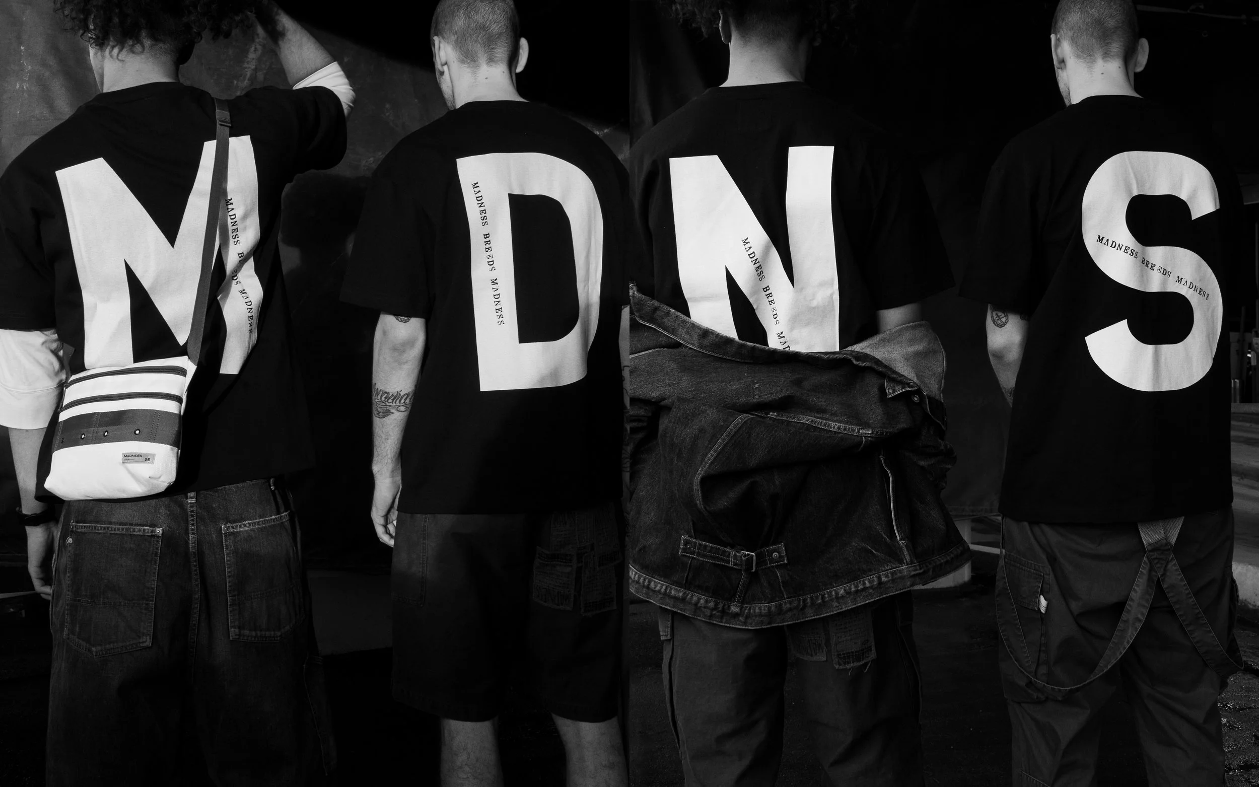 Left to right: Block Letter Tee, Cordura Sacochie, Vintage Processed Denim Pants — Block Letter Tee, Patched Cargo Shorts. Left to right: Block Letter Tee, Vintage Processed Denim Jacket, Vintage Processed Denim Pants — Block Letter Tee, Washed Deck Pants