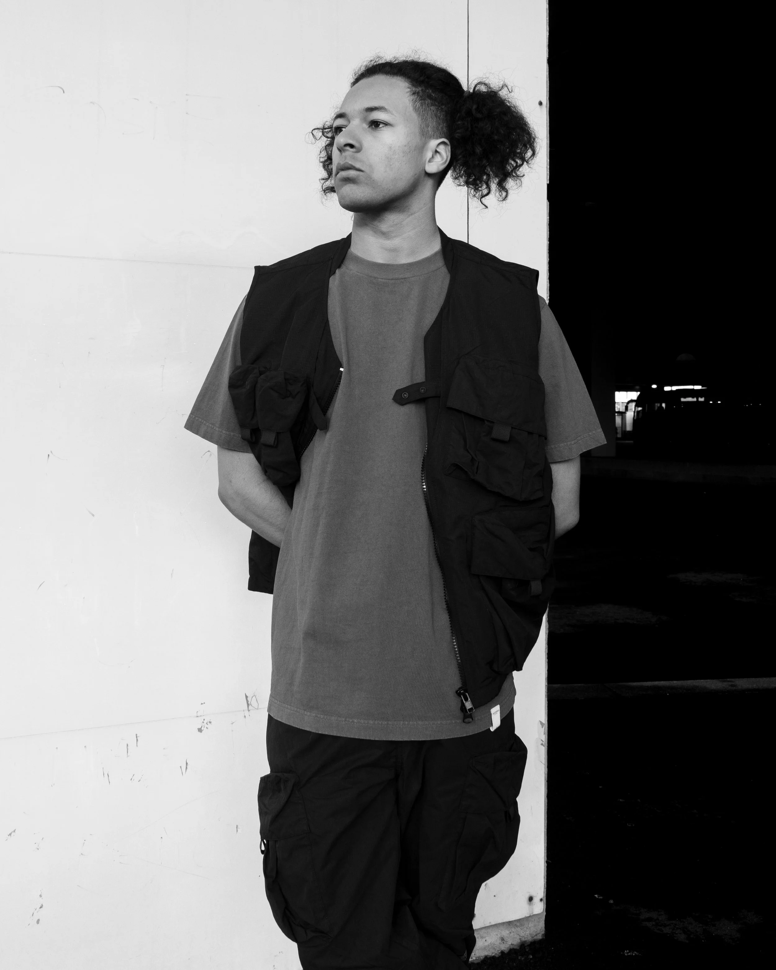 Utility Vest, Washed Embroidery Tee, Utility Pants.
