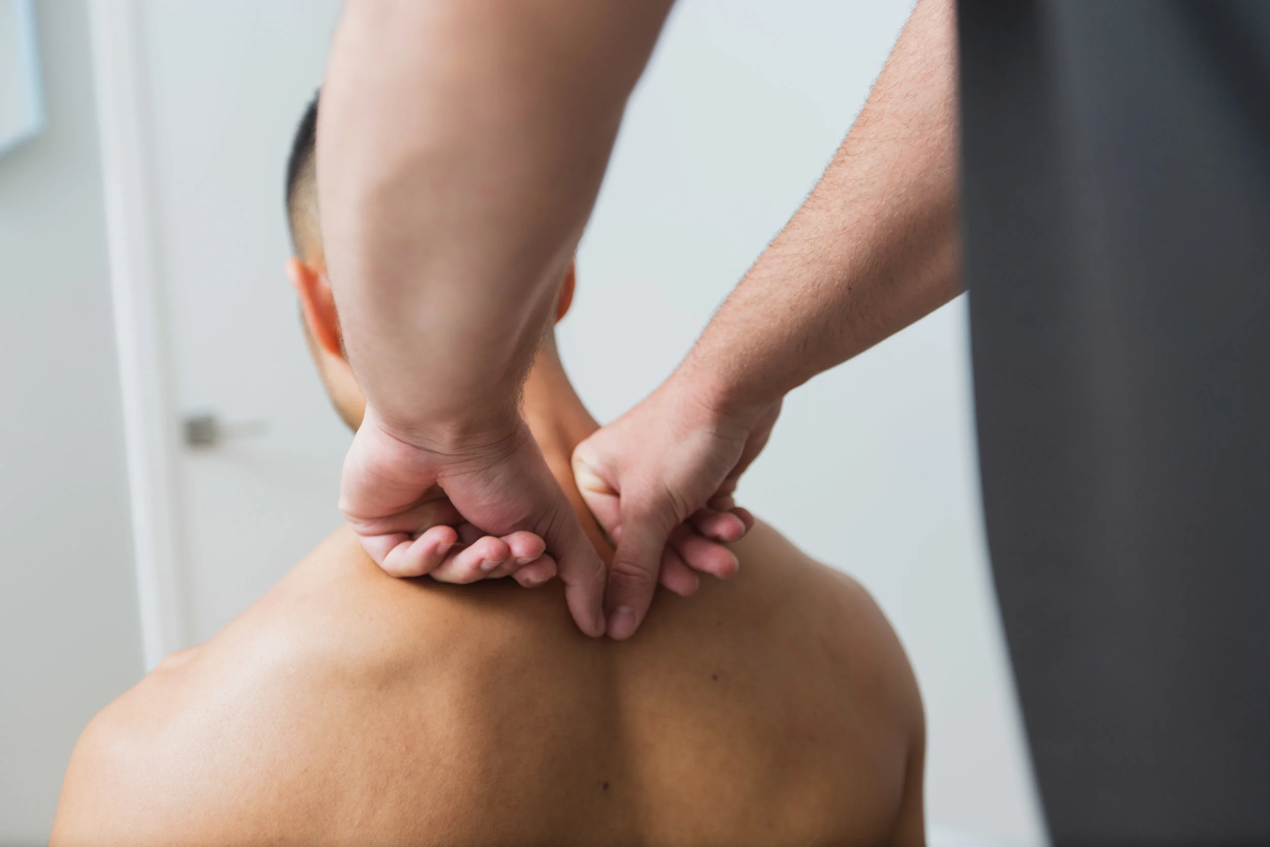 The release technique commences where the neck and shoulders meet, and is applied in a downward motion to increase the length of the Superficial Back Line.