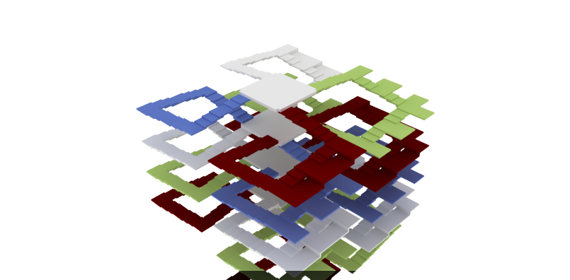 Each stair 'path' follows its subject and may be color coded to allow an easy grasp of the concept.