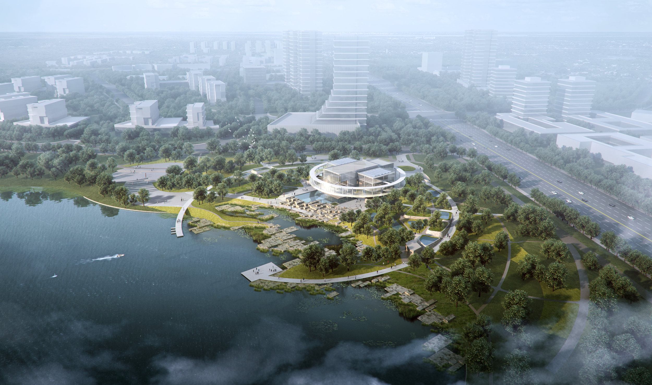   The harmonious existence of people and nature is represented in a single design expression by integrating the architecture and landscape through topography and connection to water.&nbsp; The park space created will provide necessary relief from the