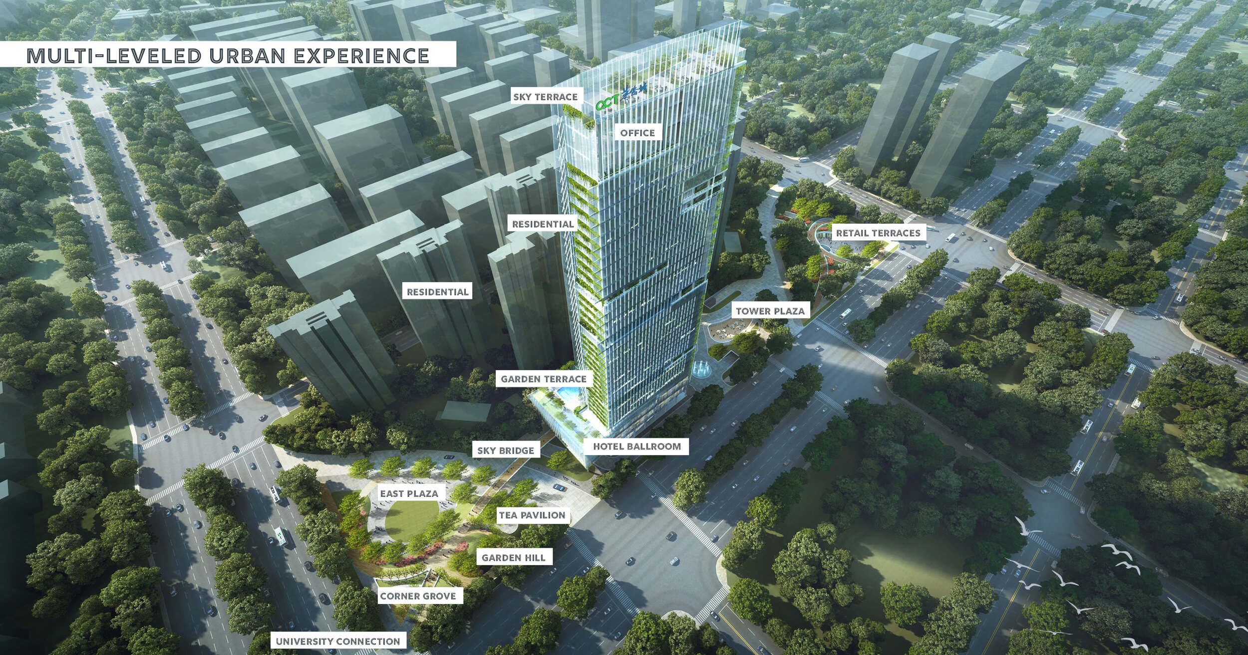  Kunming Tower Park is landscape design that recommended utilizing adjacent designated open space in coordination with a layered multi-level urban landscape and public plaza design that weaves through the heart of two proposed mixed-use towers in Kun