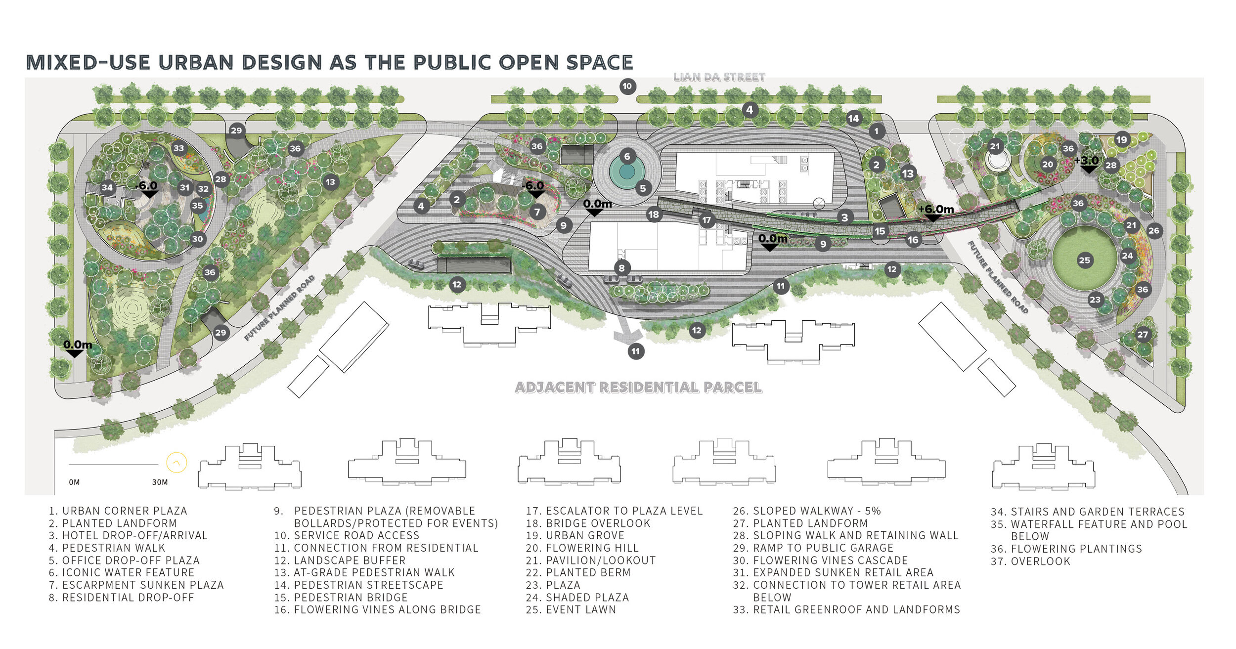  The overall design of the central tower parcel and the adjacent open space areas utilize landscape materiality, circulation and comprehensive planning to result in movement across the sites and into the tower hotel, residences, offices and retail sp