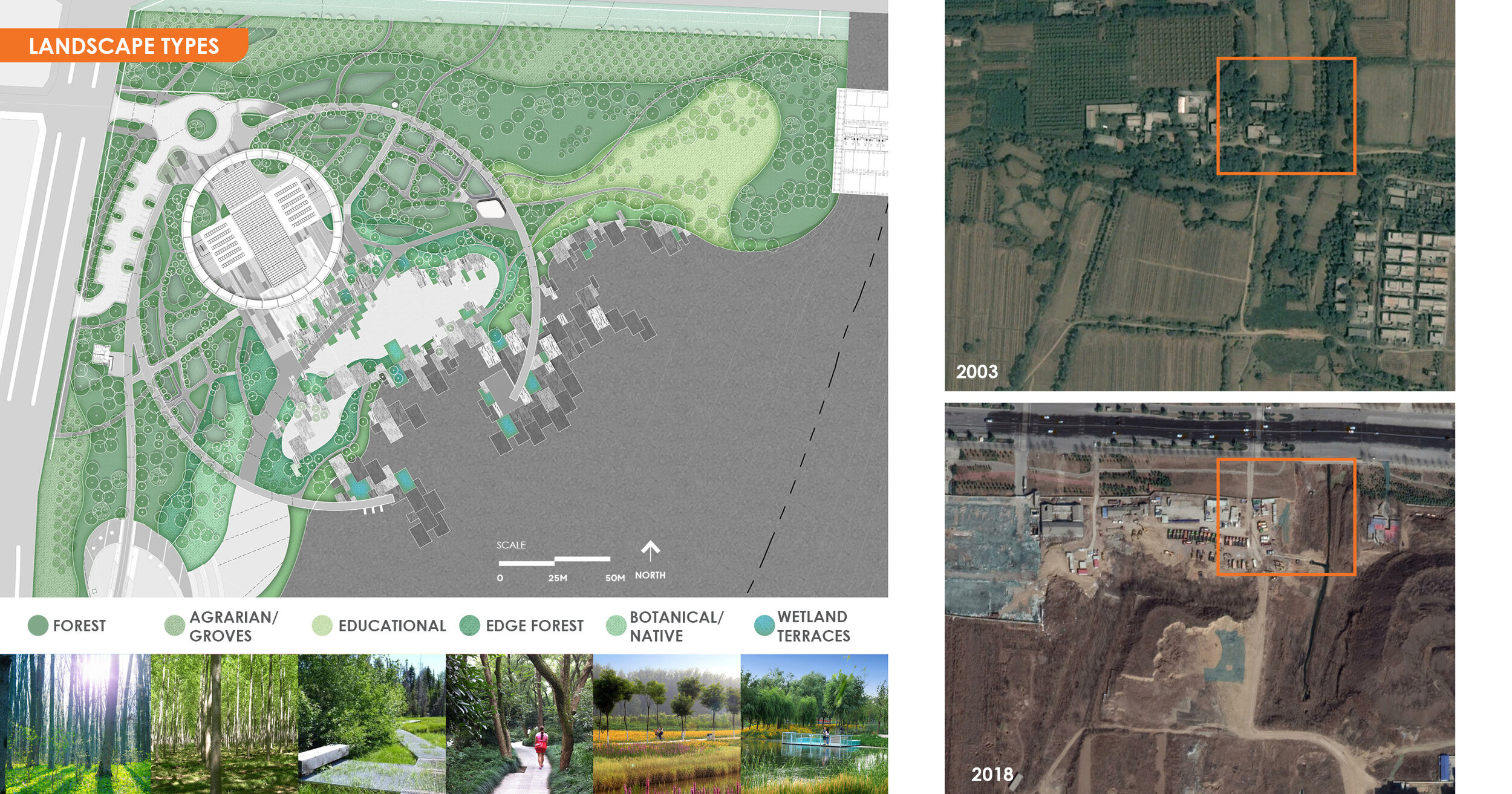  The project site is in a rapidly urbanizing area of Zhengzhou that has been completely transformed from its recent agricultural land uses.&nbsp; A study of the historic land uses of the site informed the landscape types selected to help buffer the N