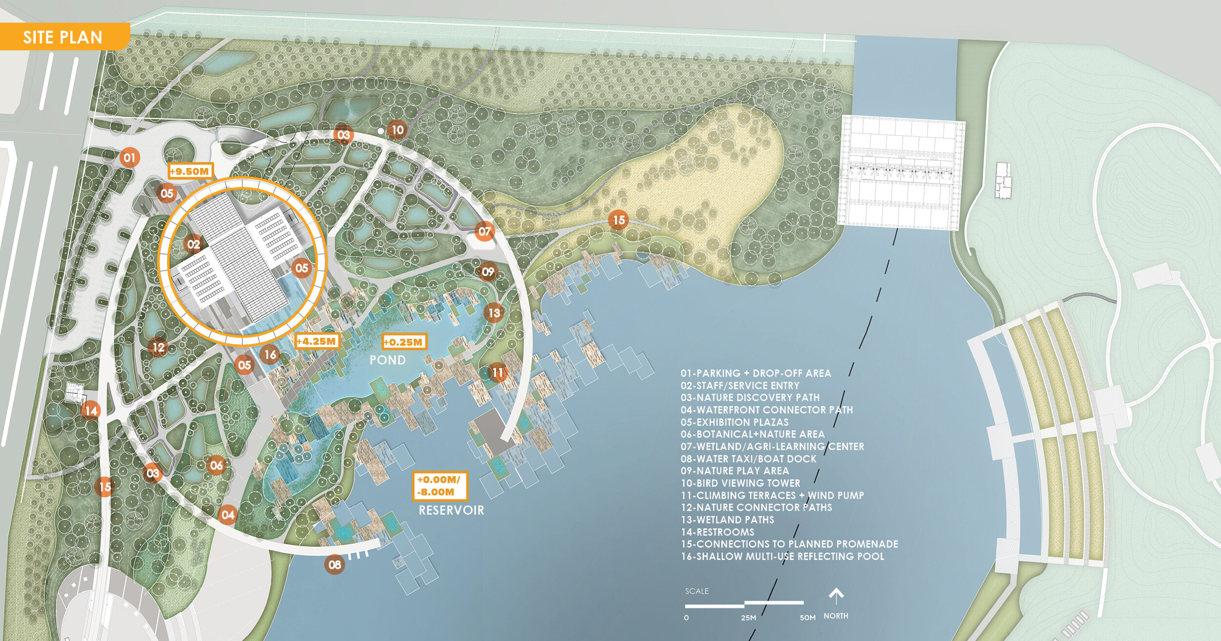  The architectural design uses the ring to symbolically and visually connect the building and its users to the created habitat of the new reservoir.&nbsp; The landscape design uses topography and a variety of water elements to create this new habitat