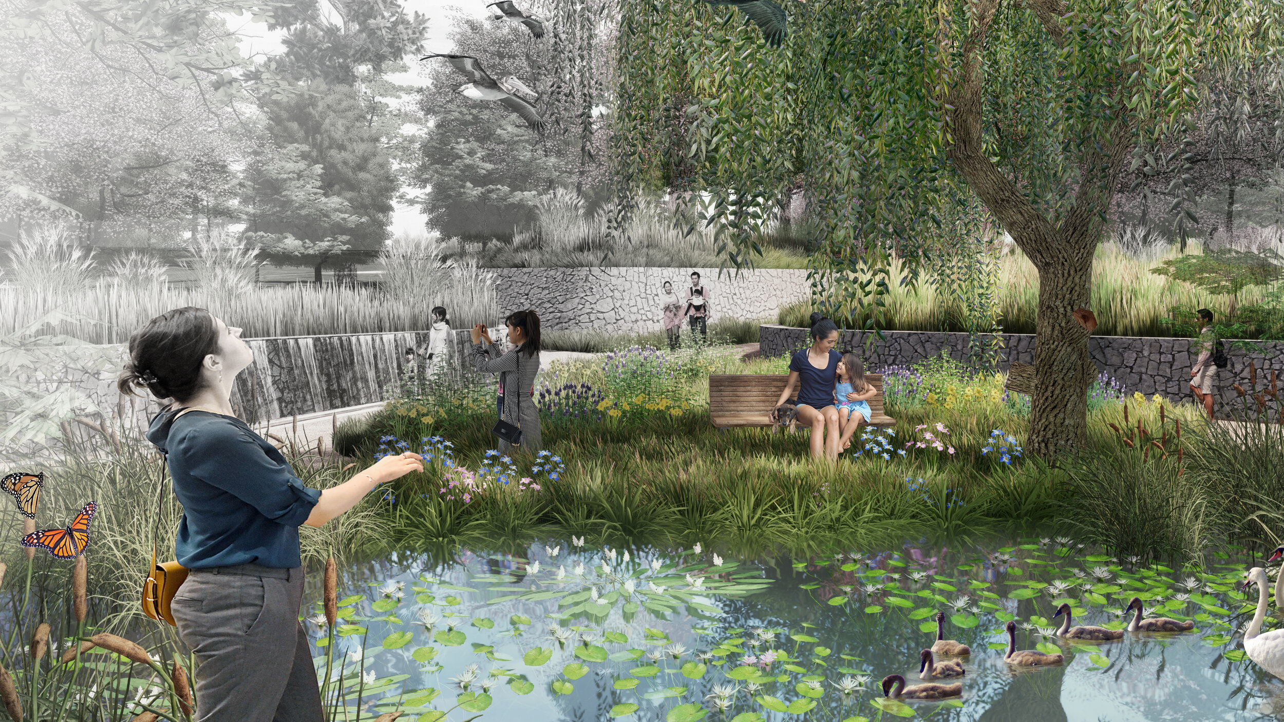  The wetland forest terraces create a variety of opportunities for park patrons to engage water.&nbsp; The stepped topography defines more intimate, human-scaled spaces for people to find moments of relief and reflection within the nature park.  