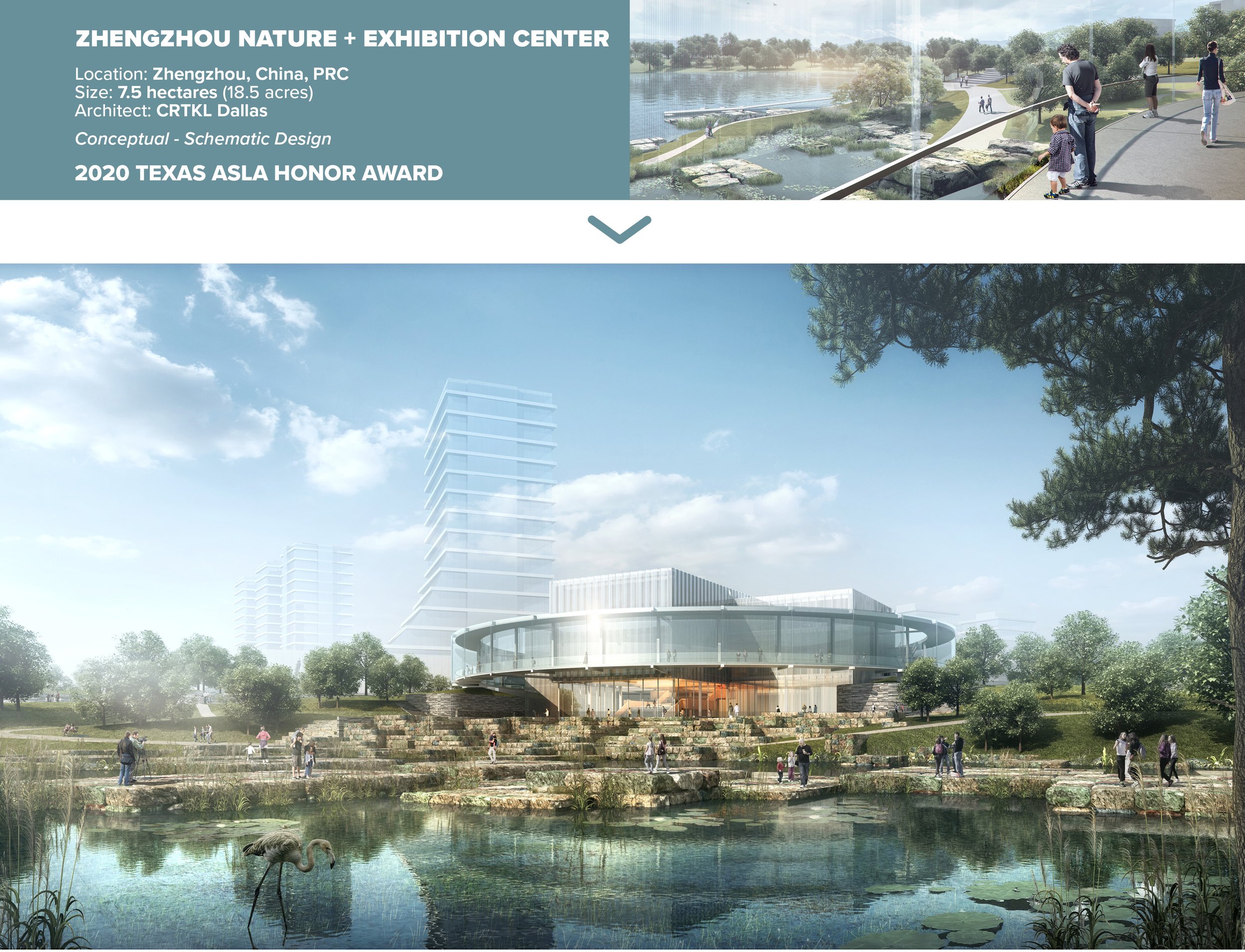         The Zhengzhou Nature and Exhibition Center will be a cultural and recreational amenity for a rapidly urbanizing new part of the city.  In response to the project siting along a planned reservoir and the context of the newly developed city nei