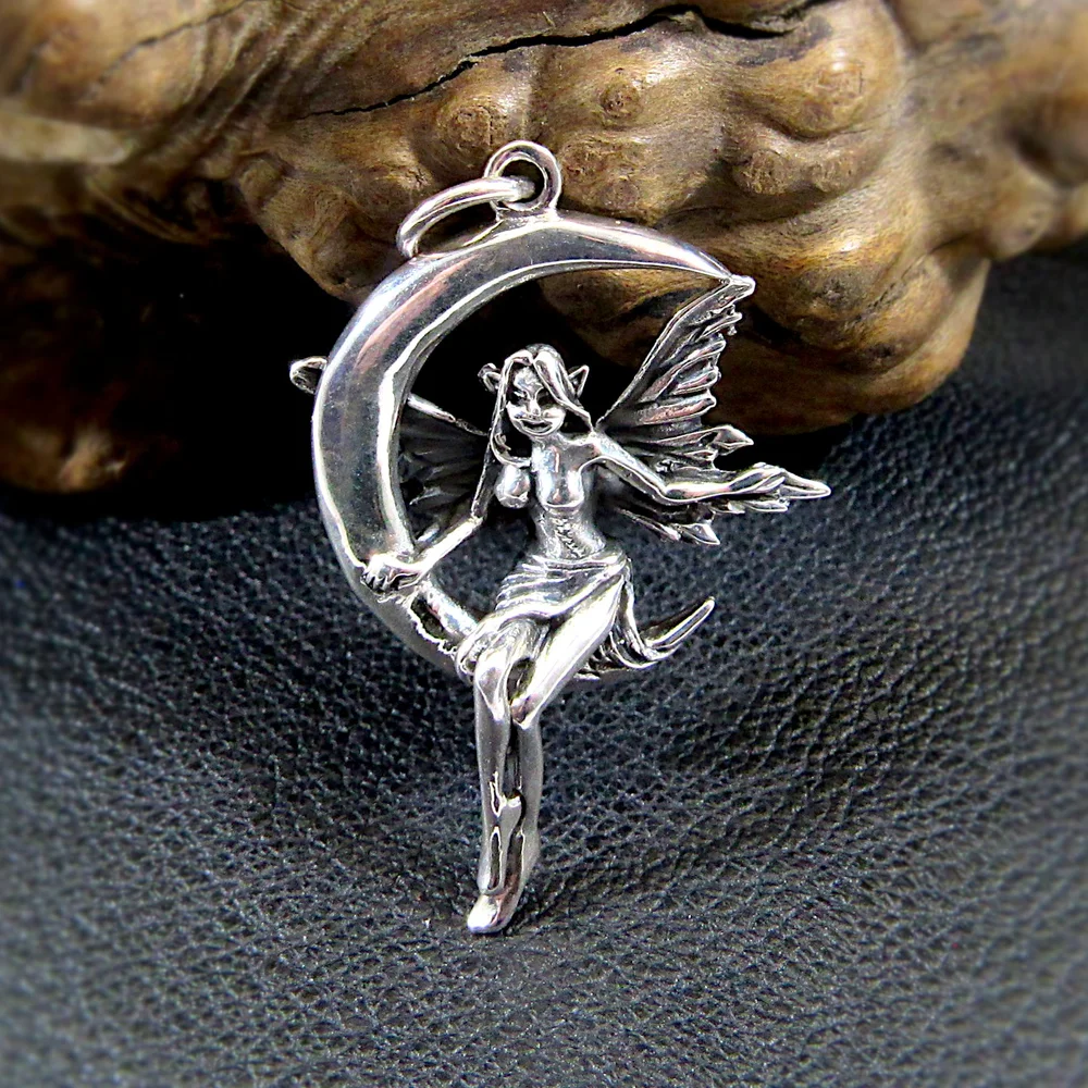 Solid 925 Sterling Silver Magical Fairy Perched Atop Crescent Moon
