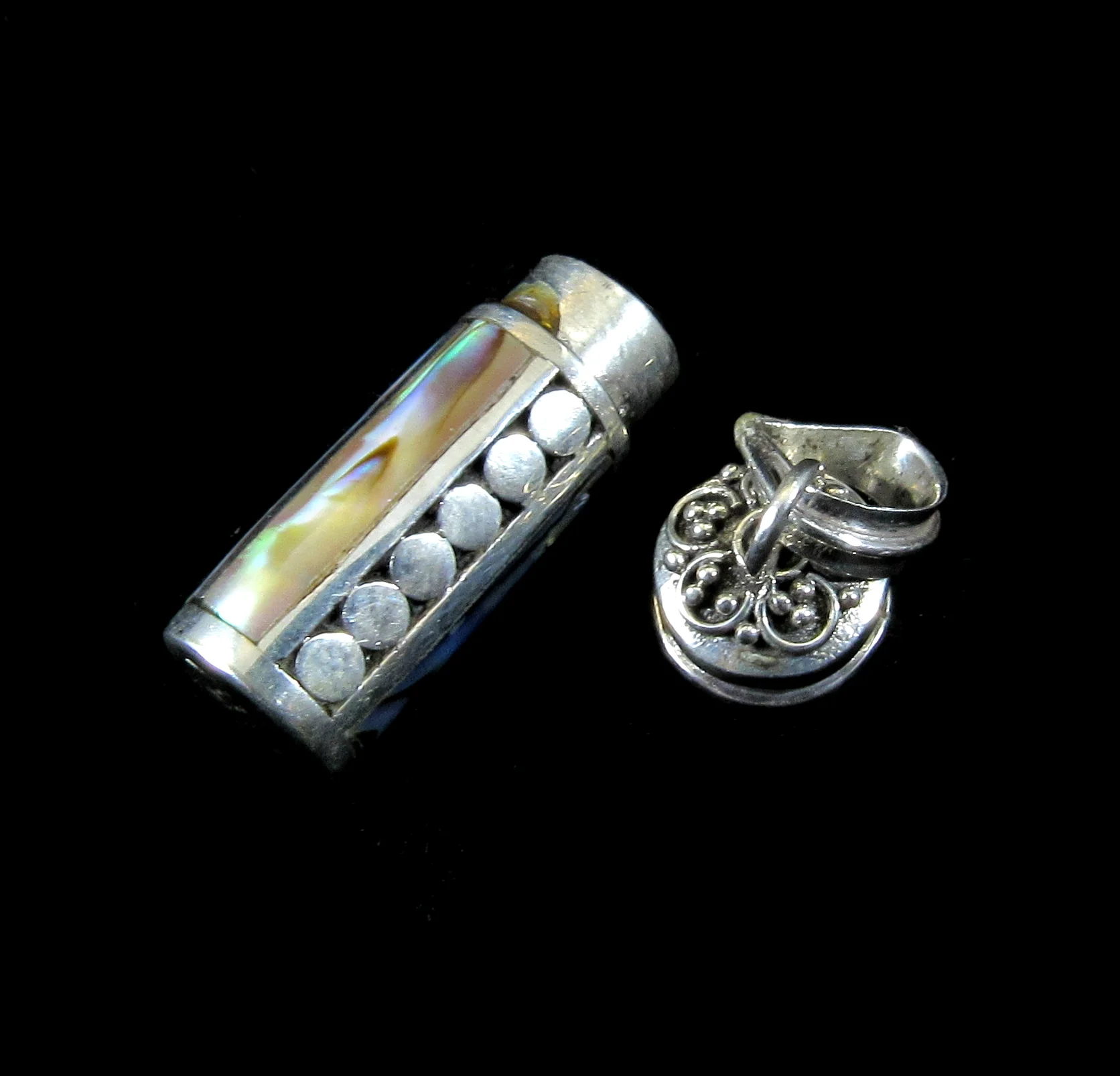 Sterling Silver Bali Poison Pill Box Pendant w/Rainbow Paua Shell