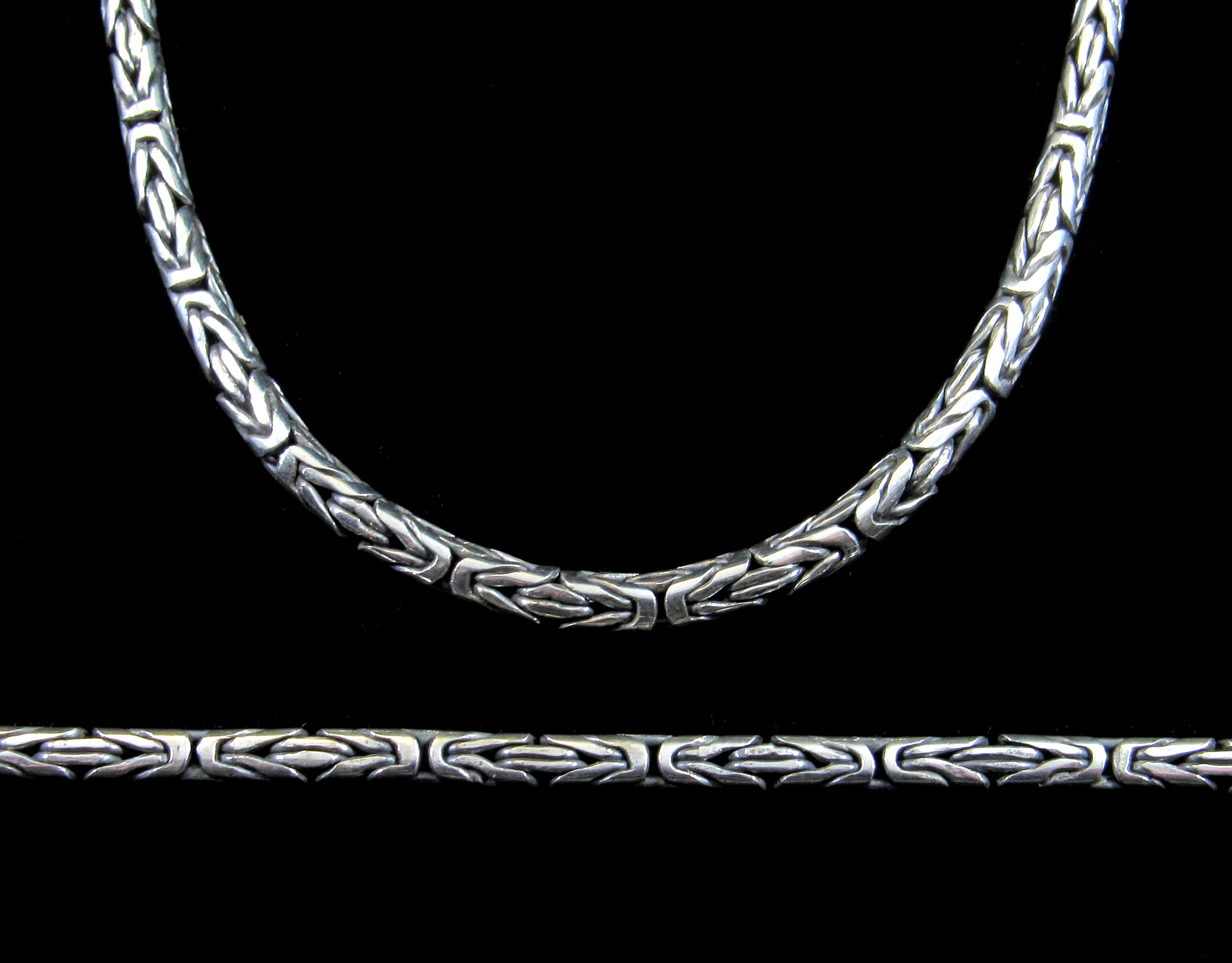 with Cone and Hook Clasp 16, 18, 20, 24, 30 Sterling Silver Bali 3mm Round Byzantine Chain