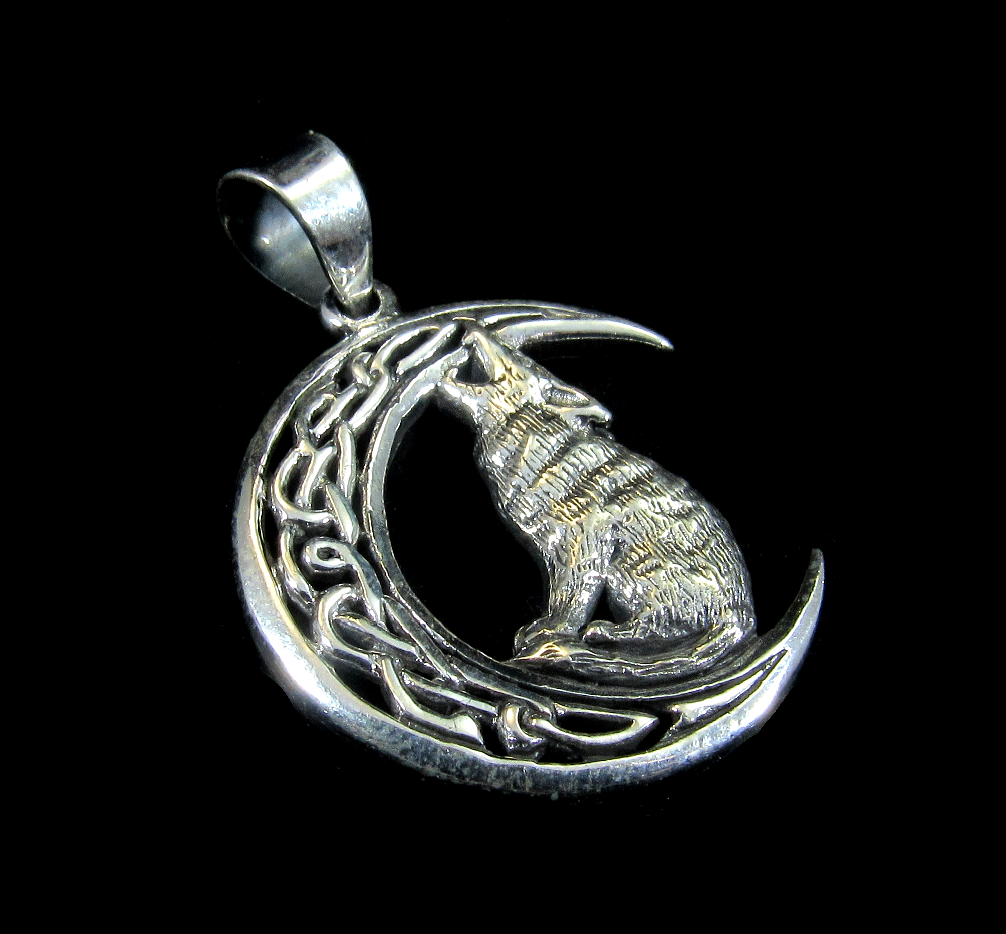Handcrafted Solid 925 Sterling Silver WOLF HEAD Crescent Moon and Stars Pendant 