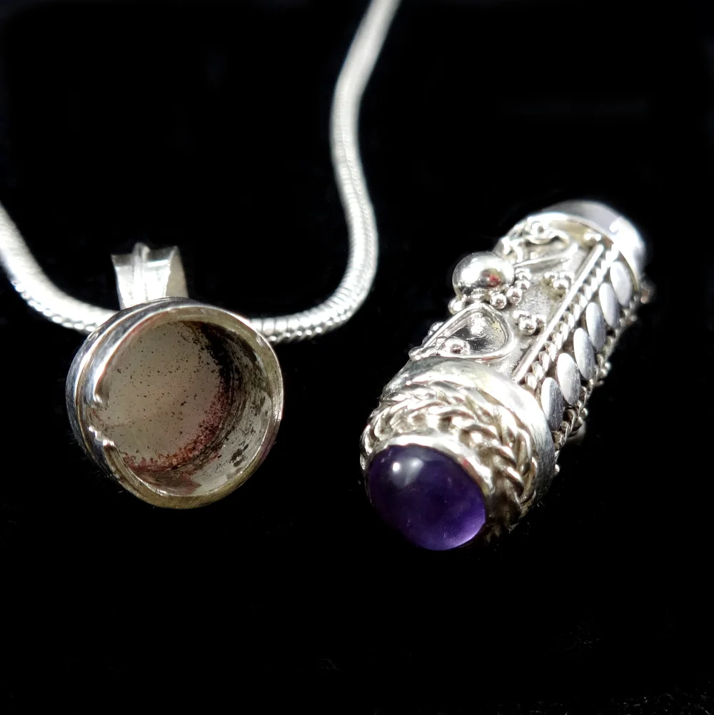 Sterling Silver Bali Poison Pill Box Pendant w/Amethyst Cabochon