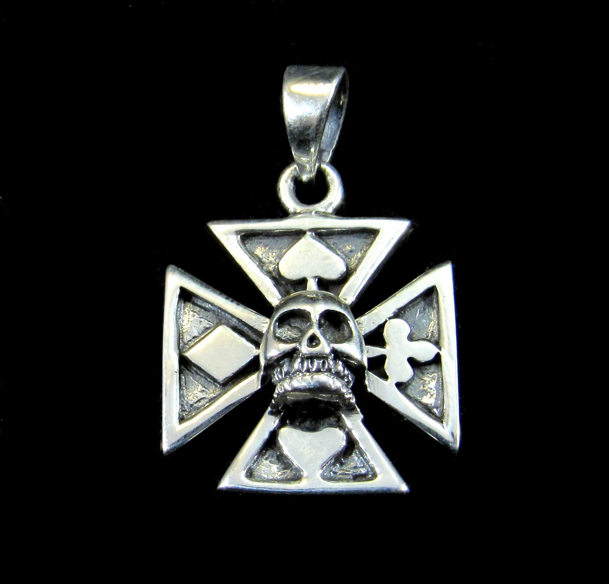 Sterling Silver Iron Cross With 4 Card Suits & Skull Pendant — Renegade ...