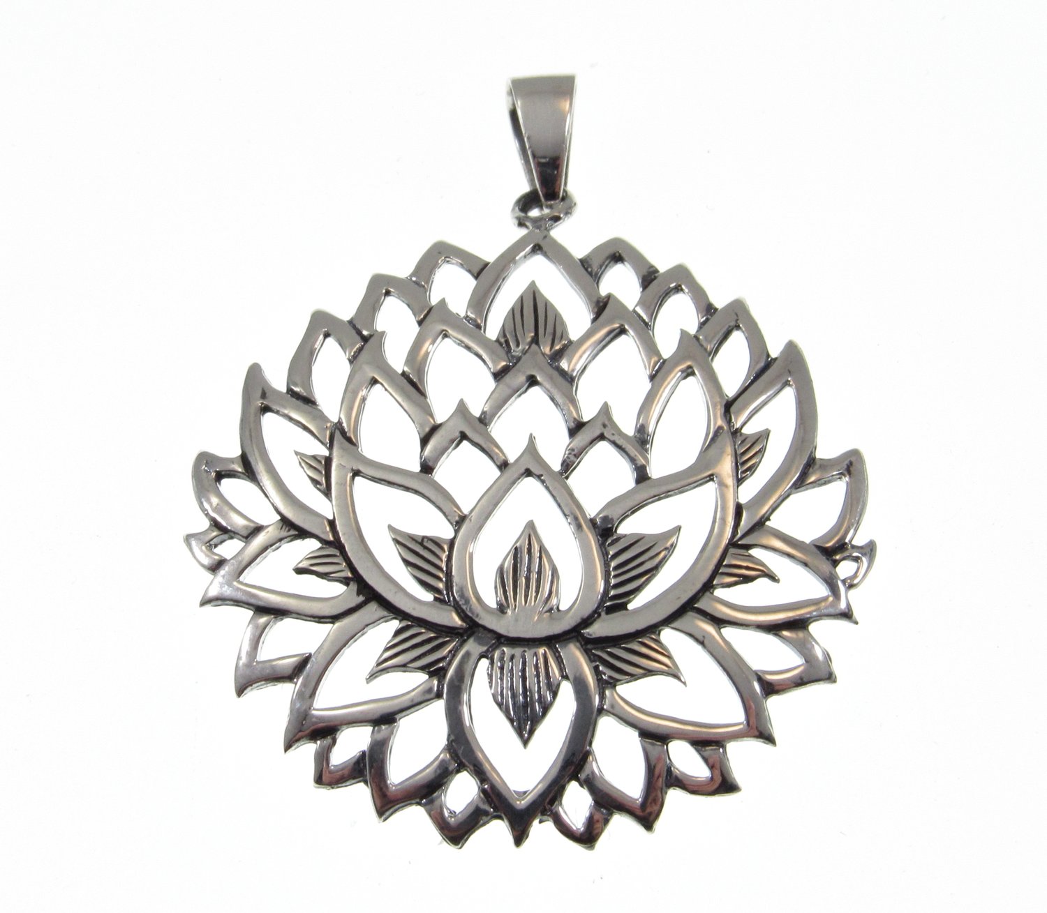 Detailed Lotus Flower Open Blossom Pendant in Sterling Silver 7627 
