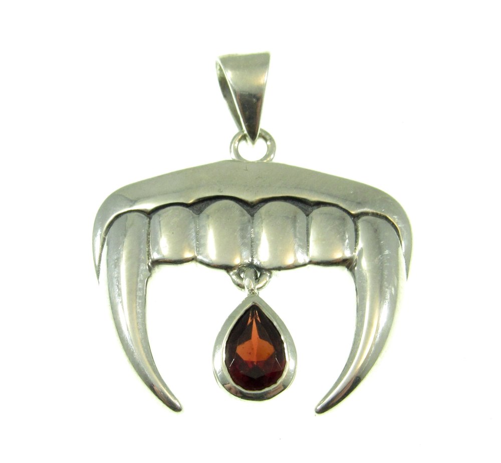 Sterling Silver Vampire Teeth Blood Drop Pendant with Garnet