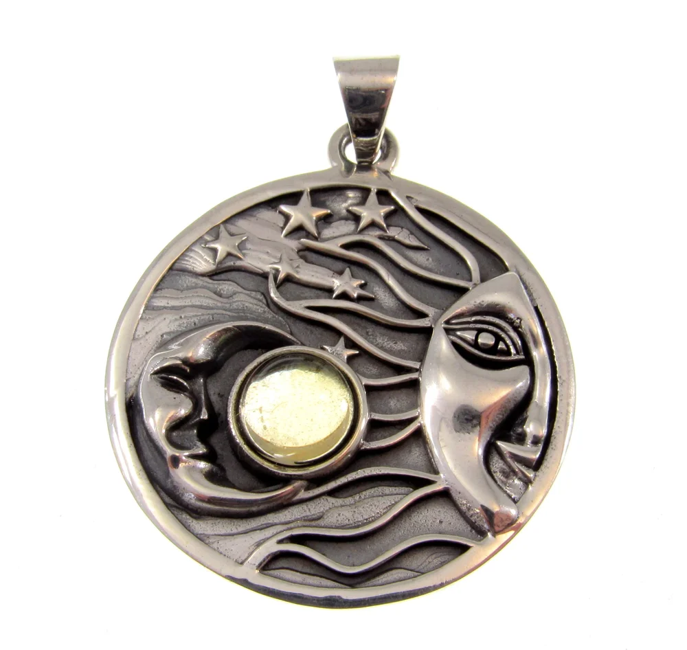 Large Sterling Silver Celestial Sun, Moon, and Stars Pendant