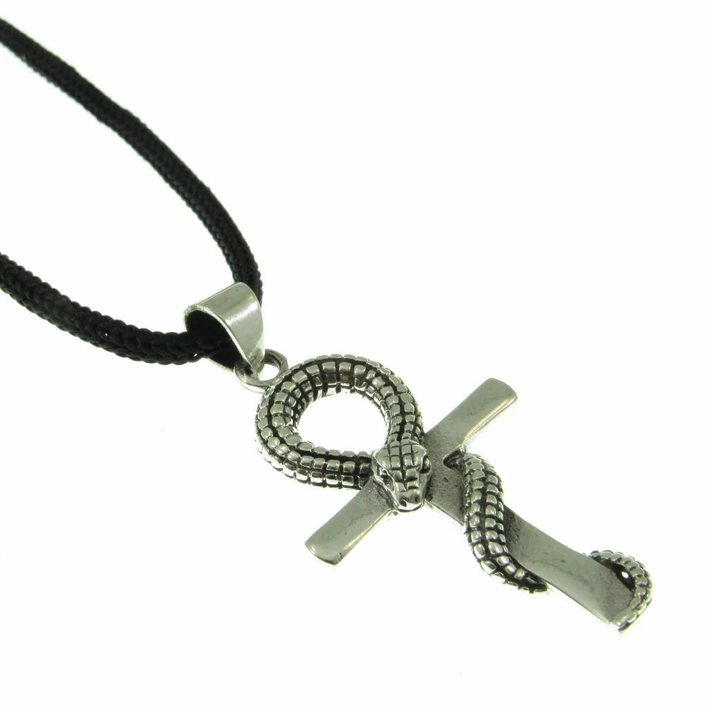 Egyptian Ankh Snake Necklace for Men Solid 925 Sterling Silver Cross Pendant Mens Jewelry Men s Black Nylon Cord or Curb Chain Renegade Jewelry