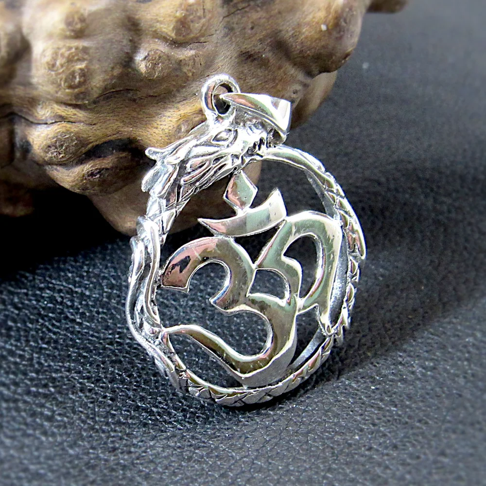 Solid 925 Sterling Silver Dragon Ouroboros & Om Pendant