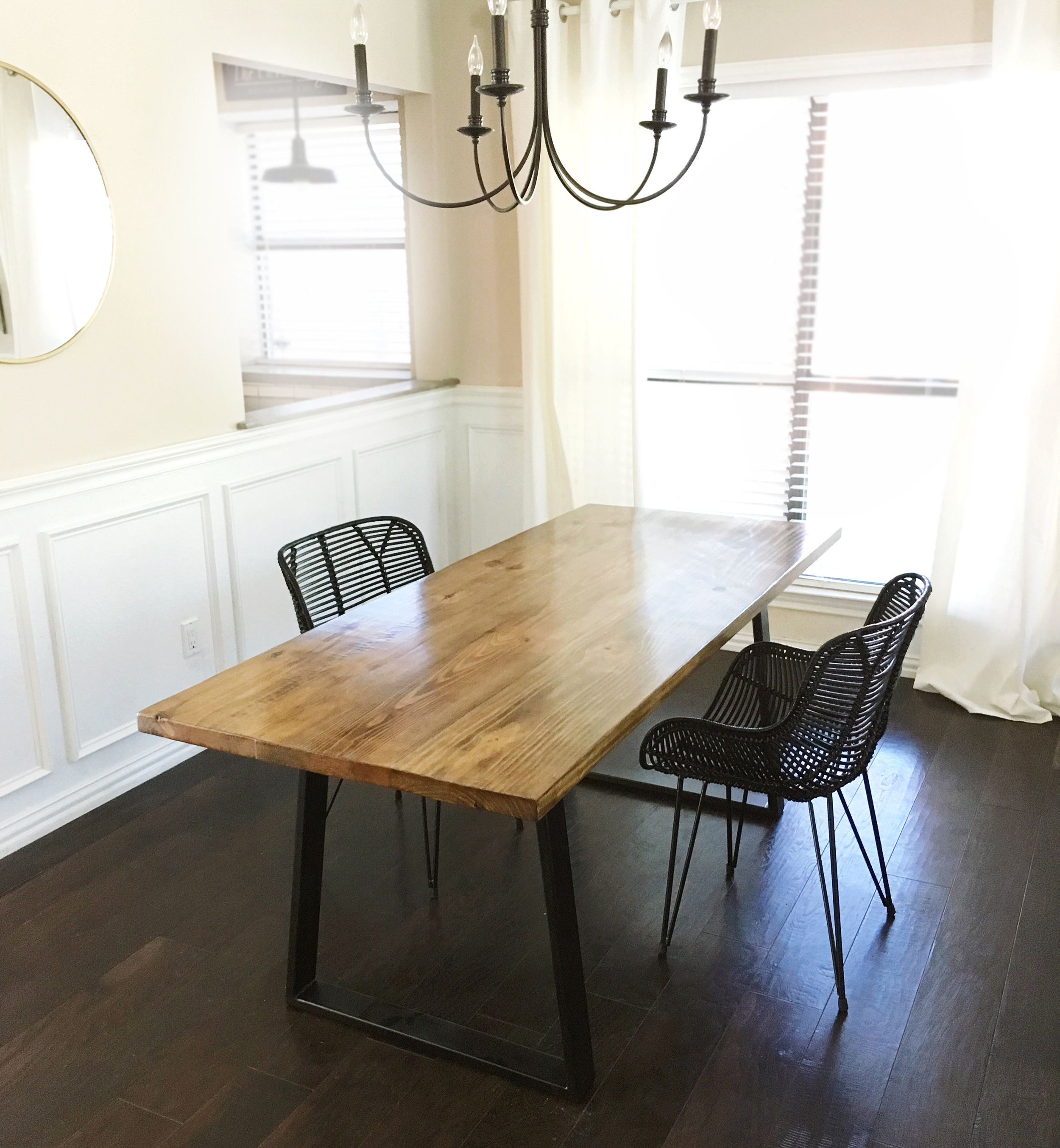 Pictured above is the Trapezoid Table in dimensions 31 x 76 x 30 and finished in "Light Ash." 