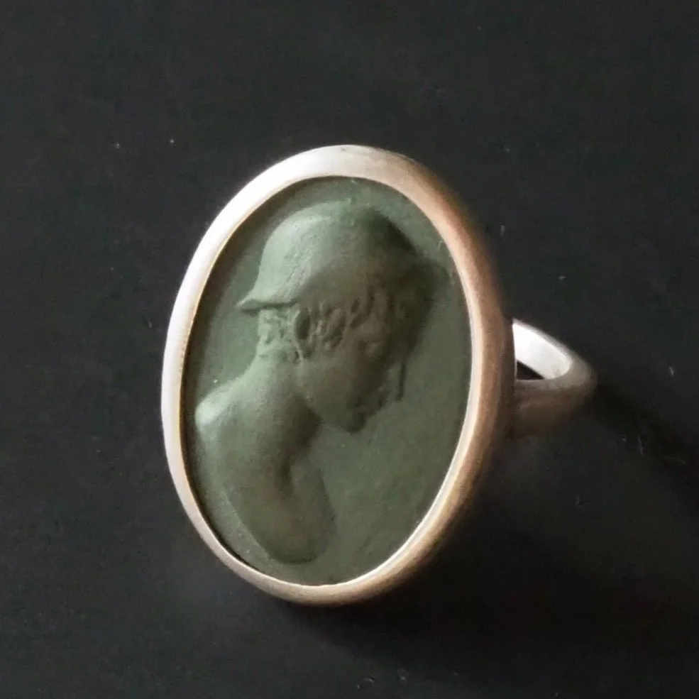 Silver Roman Boy Cameo Ring in Green  (size 7.5)