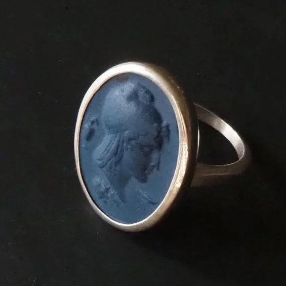 Silver Ganymede Cameo Ring In Indigo (size 7.5)